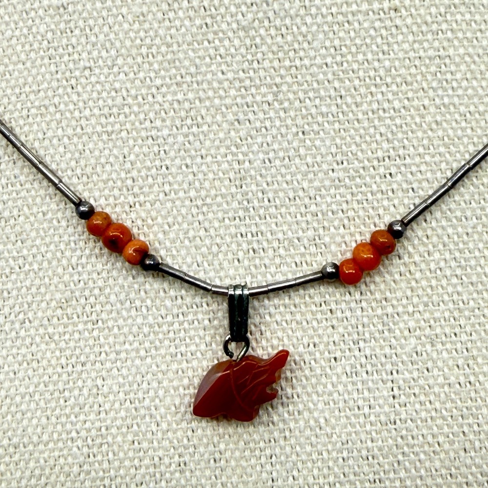 Southwestern Liquid Silver Beaded Necklace‎ Red Stone Animal Fetish Pendant